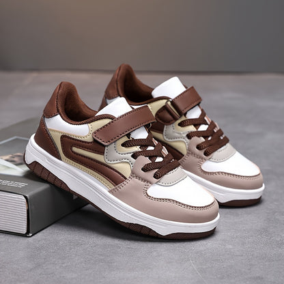 Boys' Stylish Low-Top Sneakers - Lightweight, Breathable Faux Cover with Striped Design, Hook-and-loop Fastener Strap, Perfect for Casual Running & Sports - Brown & White, Running Shoes