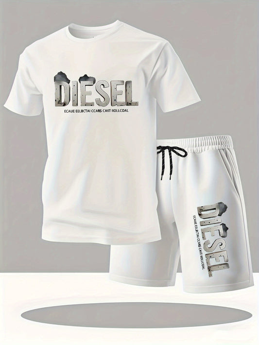 Men'S Casual Fashion Pullover Short Sleeve + Shorts Set, Popular Element Solid Color Print, Summer Comfortable Breathable, Outdoor Sports, Gift, T-Shirt and Drawstring Shorts Outfit, Daily Vacation Clothing