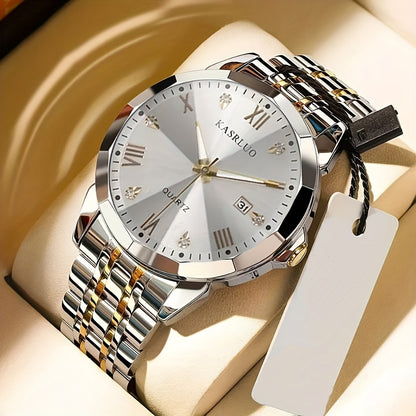 KASRLUO Men's Elegant Stainless Steel Watch with Crystal Roman Numerals & Date Display - Business Style, Quartz Movement