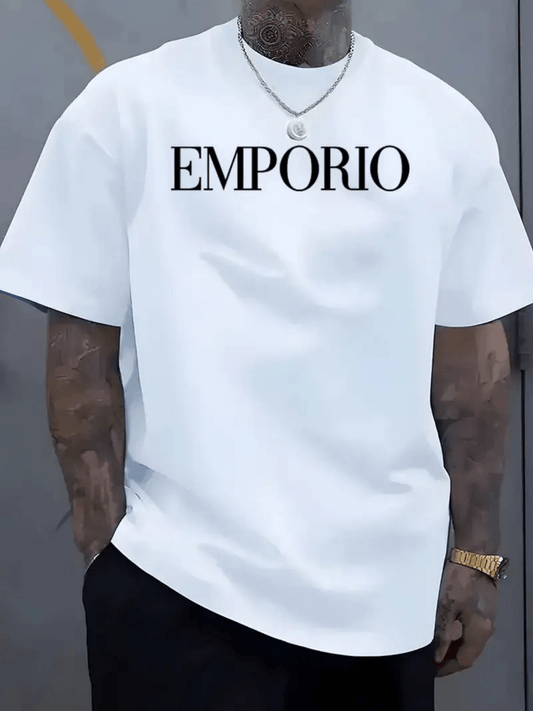 2025 New Men'S Casual Short Sleeve T-Shirt - "EMPRIO" Print, Black with White Lettering, Lightweight & Breathable Fabric, Perfect for Summer Beach Outings & Outdoor Adventures, Beach T Shirt