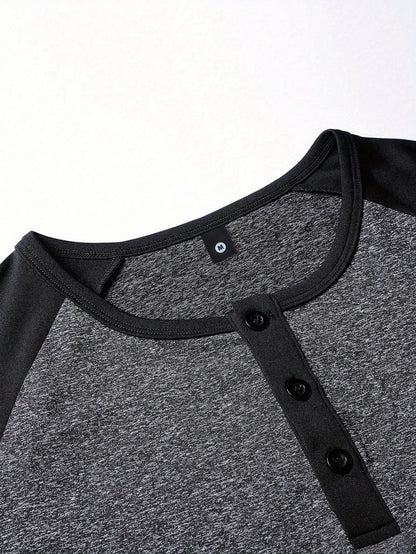 Men's Summer Classic Raglan Henry Collar Casual T-Shirt - Breathable Solid Color Short Sleeve Tee, Regular Fit for Casual Attire, Casual T Shirts, Twotone Design, Comfortable Fit Shirt
