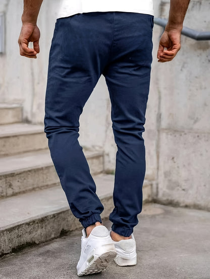 Men'S Casual Drawstring Joggers, 100% Polyester Non-Stretch Woven Fabric, All-Season Regular Fit Trousers with Alphabet Print Detail, Fashionable Workwear Style