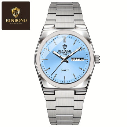 BINBOND Women's Elegant Quartz Watch, Stainless Steel Band, Aqua Green Dial, Date Display, IP67 Rated, Zinc Alloy Case, Perfect for Business or Casual Wear, Casual Wristwatch | Luxury Fashion Accessory | Sophisticated Aesthet