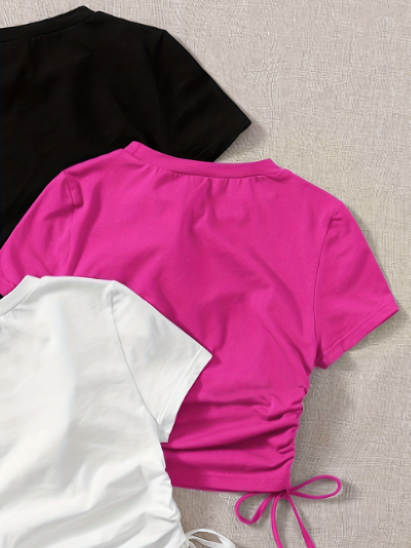 3 Pack Drawstring Crew Neck T-Shirt, Casual Short Sleeve T-Shirt For Spring & Summer, Women's Clothing