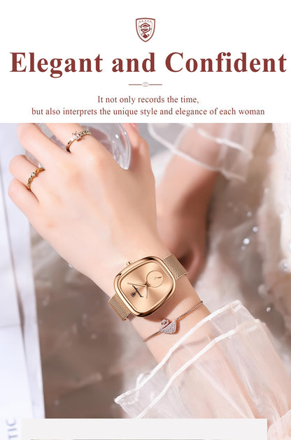 POEDAGAR Elegant Women's Quartz Watch - Waterproof, Stainless Steel Mesh Band, Rose Golden Square Dial, Black Strap, Perfect for Parties & Casual Attire, Stylish Timepiece | Elegant Design | Mesh Strap Watch, Watch Accessorie