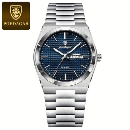 POEDAGAR Elegant Women'S Quartz Watch, Luminous Calendar, Stainless Steel Band, Round Alloy Case, Fashionable Night-Glowing Dial with Blue & Orange Accents