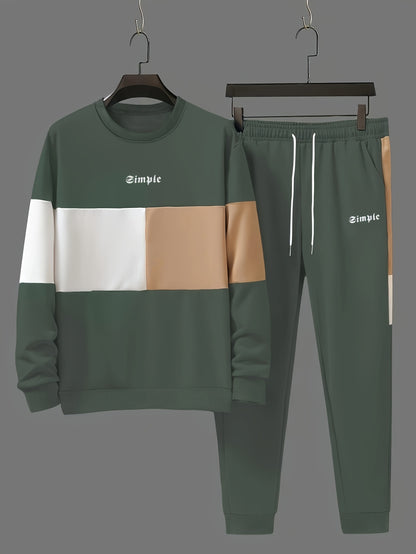 Men's Casual Crew Neck Sweatshirt & Joggers Set - Color Block, Polyester Blend, Machine Washable - Perfect for Spring/Fall, Leisure Style, Conventional Version, Spring/Autumn