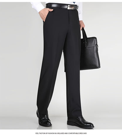 Men's Classic Straight Fit Pants - Lightweight Polyester Blend, High Waist, Button Closure, Suitable for Year-Round Wear
