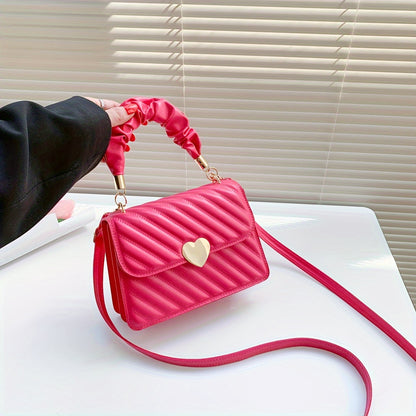 Women'S Fashion Shoulder Bag, Korean Version, Faux Leather, Quilted Solid Color, Heart Accent, Removable Strap, Magnetic Closure, Synthetic Faux Leather Lining, Painted Edges, Versatile Crossbody Purse - Available in Black, R