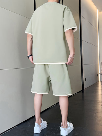 Men's Casual Fashion Sportswear Set - Light Gray "DREAMS" Print T-Shirt & Shorts, 100% Polyester, Machine Washable, Summer Outfit