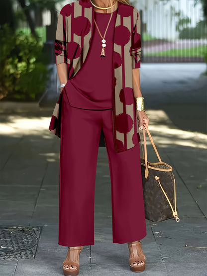 Women'S 3pcs Set, Polka Dot Print Cardigan & Solid Color Vest Casual Pants Daily Outfit