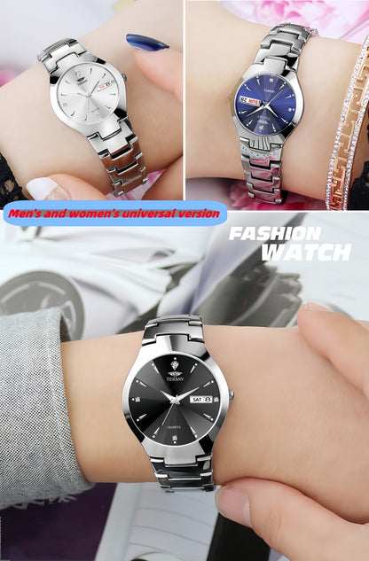 2pcs Couple Watches for Men & Women - Stainless Steel Strap, Rhinestone Accents, Luminous HD Display with Week Calendar, Quartz Movement, Elegant Gift for Valentine's Day, Mother's Day, Father's Day, Special Occasion Watch |