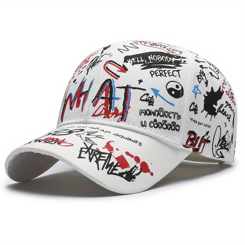 Stylish baseball cap with cool graffiti letter print, hard top, trendy hip-hop design, versatile sun protection hat for both European and American styles, available in 4 colors