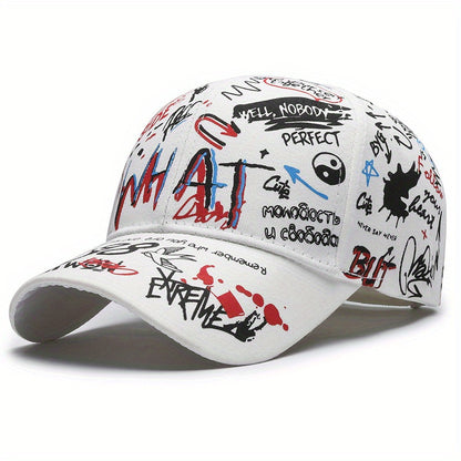 Stylish baseball cap with cool graffiti letter print, hard top, trendy hip-hop design, versatile sun protection hat for both European and American styles, available in 4 colors