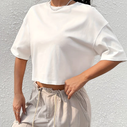 Women's Red Crop Top T-Shirt - Casual Short Sleeve, Loose Fit, Solid Color, Polyester, Machine Washable, Round Neck - Perfect for Summer