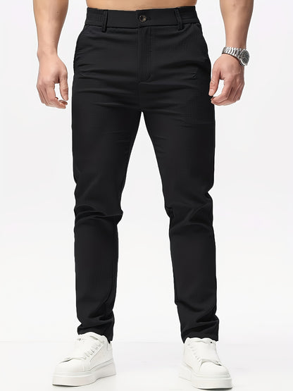 Men's Casual Solid Color Pants - Polyester, Machine Washable, Button Detail, Regular Fit for All Seasons