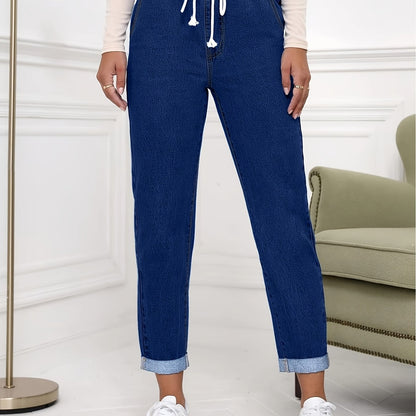 Women's Stretch Denim Tapered Jeans with Elastic Waistband & Rolled Cuffs - Light Wash, Mid-Rise, Versatile Casual Style for Spring/Summer/Fall, Casual Denim Wear | Modern Tapered Jeans | Smooth Texture Jeans
