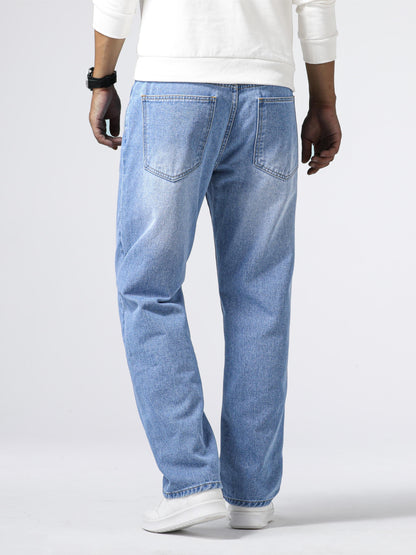Men'S Loose Fit Straight Leg Jeans, Cotton 85% Polyester 15% Denim, Washed Solid Color Casual Style