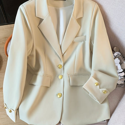 Chic Light Blue Slim-Fit Blazer կանանց համար. Նորաձև երկարաթև աշխատանքային գրասենյակային վերնազգեստ ոսկե կոճակով, էլեգանտ պոլիեսթեր գործվածք, կատարյալ գարնան և աշնան համար