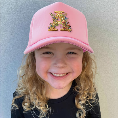 1-Pack Youngsters Trucker Hat with Golden Floral Letter A Design - Breathable Sun Protection, 100% Polyester, Adjustable Snap Closure, Pink for Spring/Summer Outdoor Play, Back to School, Thanksgiving, Teacher's Day (Ages 3-1