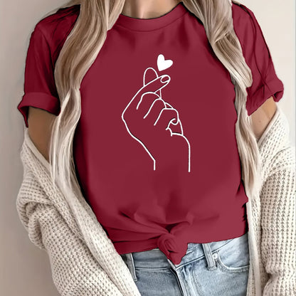 Finger Heart Print T-Shirt, Short Sleeve Crew Neck Casual Top For Summer & Spring, Women's Clothing