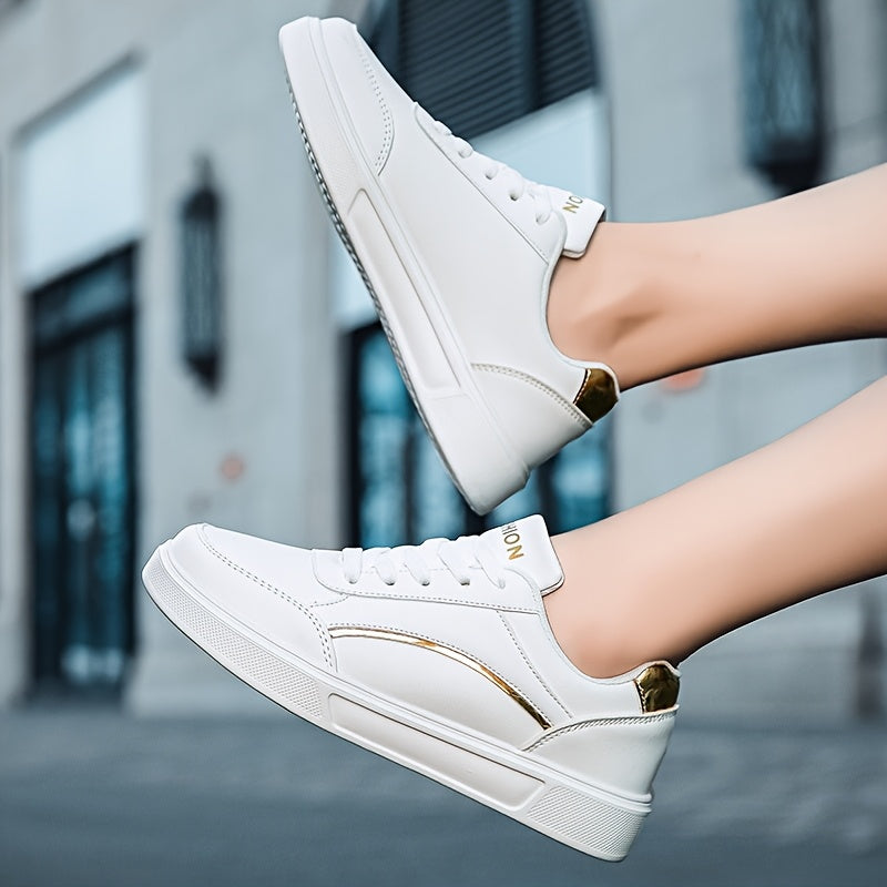 Youngsters' Fashion Sneakers - White PU Upper with Golden Accents, Comfortable & Lightweight Casual Running Shoes for Boys and Girls, All-Season Wear, Low-Top Lace-Up Design, Outdoor Youngsters's Footwear | Fabric Lined Inter