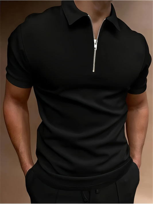 Casual Stretch Men's Solid Color Zipper Lapel Golf Shirt, Male Summer Streetwear