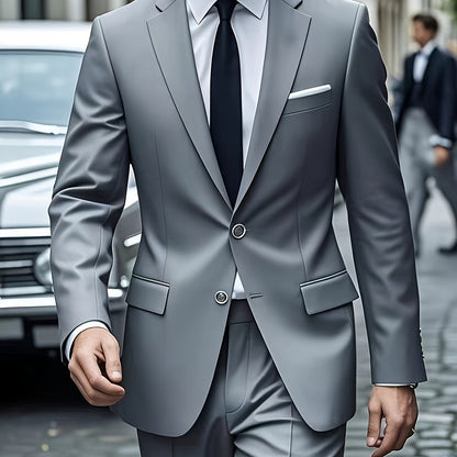 2pcs Luxury Classic Men'S Solid Color Suit - Notched Lapel Blazer and Pants, Regular Fit, Long Sleeve, Traditional Silhouette, Ideal for Weddings, Business Meetings - High-Quality Fabric, Comfortable Wear, Stylish Design, Wed