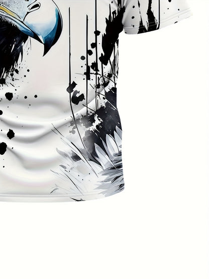 Men'S Graphic Design Round-Neck Sports T-Shirt Featuring an Ink Wash Eagle Print, Suitable for Casual Wear, Gym Workouts, And Running During The Summer.