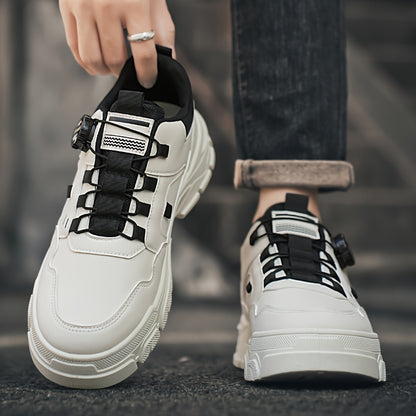 Men'S 2025 Spring Sneakers - Low-Top Lace-Up Casual Shoes with Rotating Button Closure, Breathable Mesh Lining & Cushioned EVA Sole for Running, Hiking, Gym - White & Black Design, Hiking Footwear, Modern Sneakers, Fabric Lin