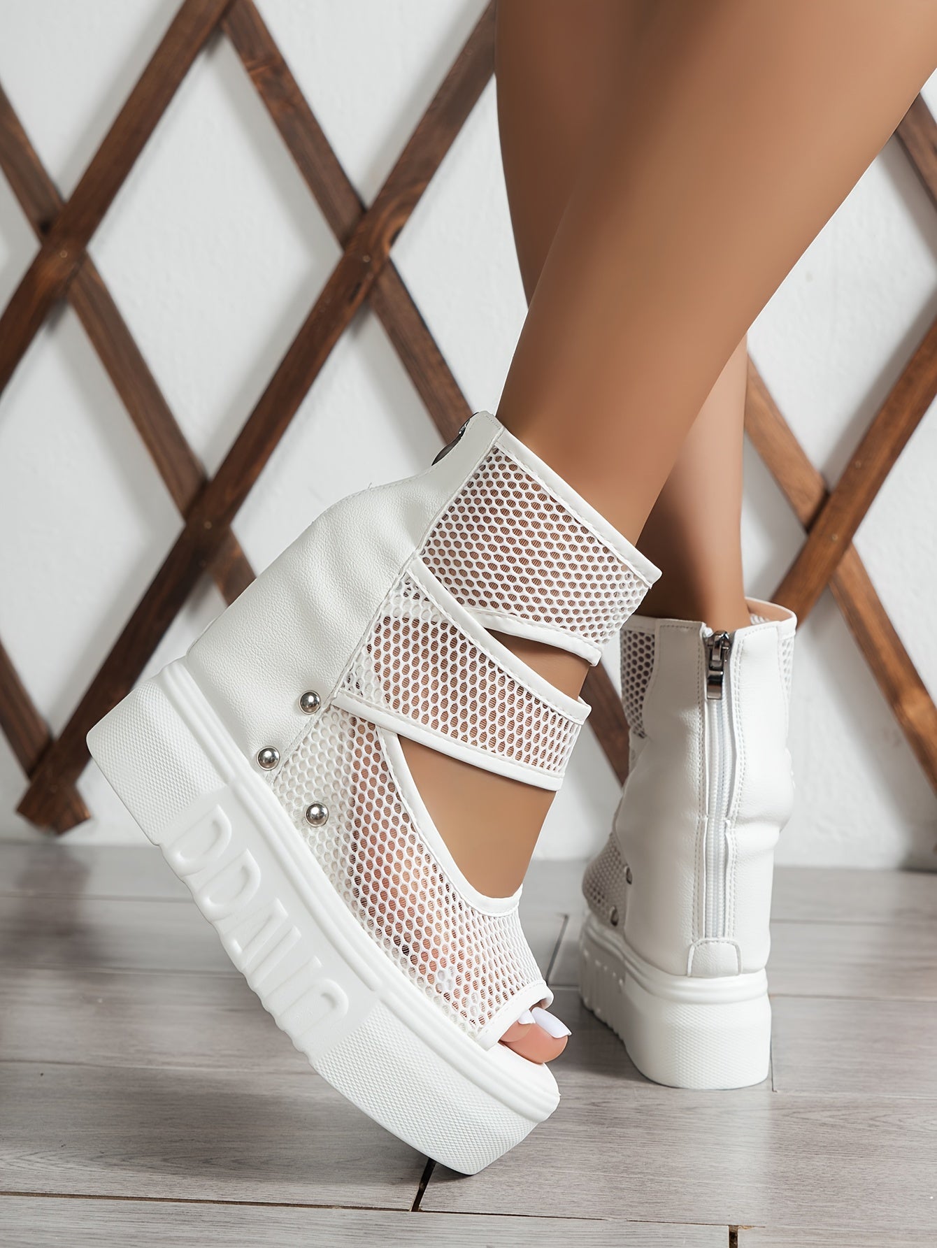 Women's Stylish Solid Color Sandals, Back Zipper Platform Soft Sole Studded Wedge Sandals, Mesh Breathable Vacation Shoes