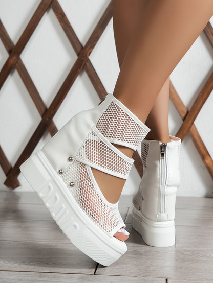 Women's Stylish Solid Color Sandals, Back Zipper Platform Soft Sole Studded Wedge Sandals, Mesh Breathable Vacation Shoes