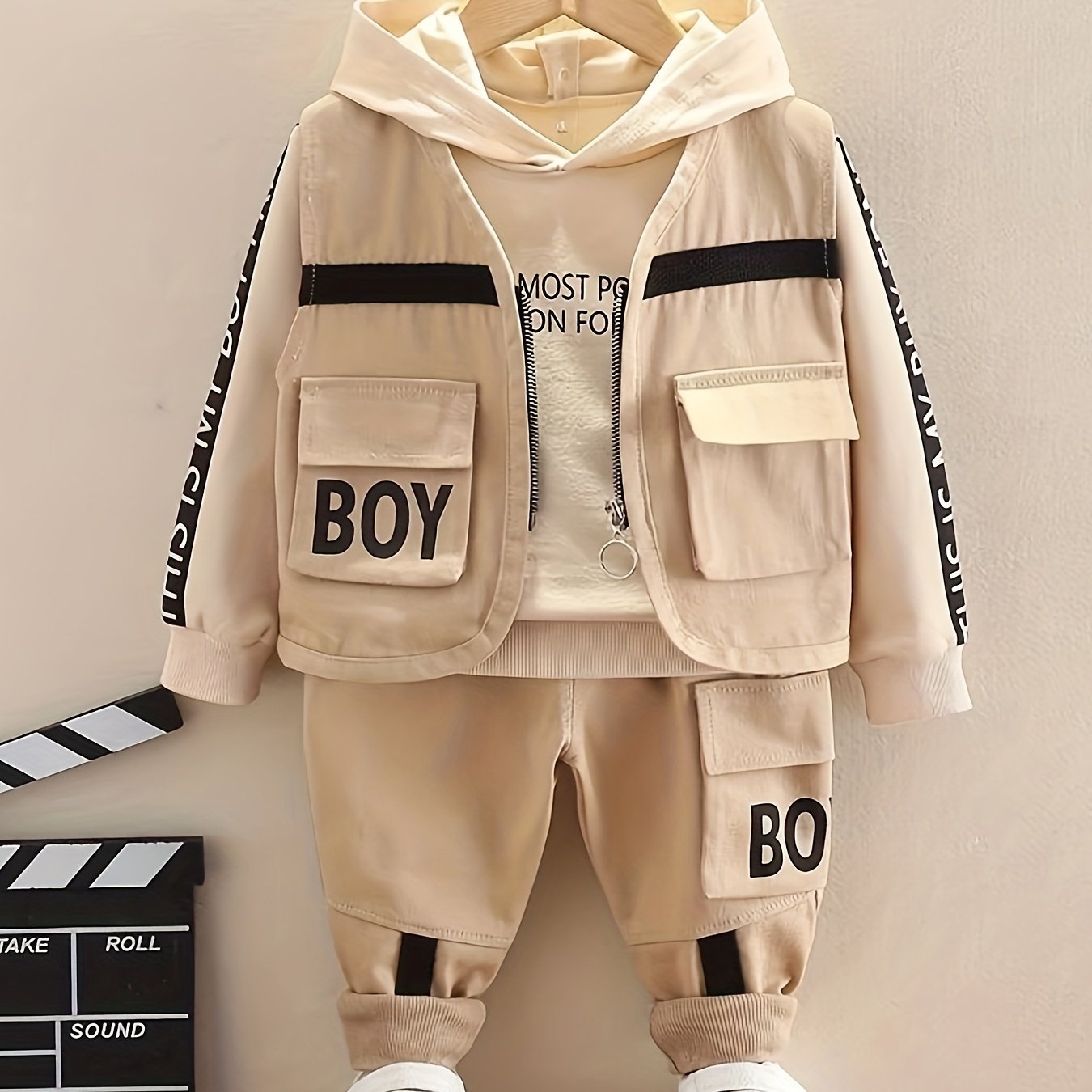 3pcs Boy's Letter Print Hoodie Outfits, Casual Hoodies Long Sleeve Pullover Hooded Sweatshirt & Pants & Vest Set, Ideal For Daily & Outdoor Wear