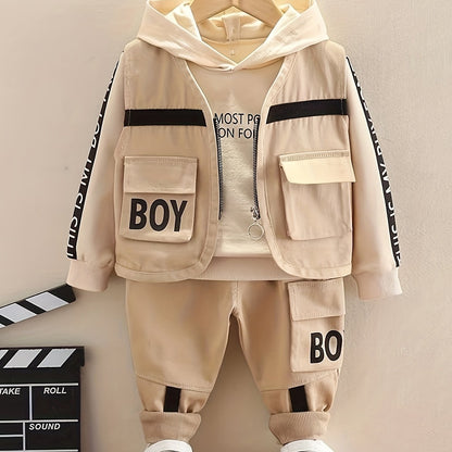 3pcs Boy's Letter Print Hoodie Outfits, Casual Hoodies Long Sleeve Pullover Hooded Sweatshirt & Pants & Vest Set, Ideal For Daily & Outdoor Wear