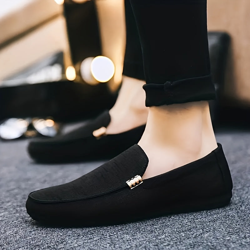 Canvas Loafers - Slip-On Shoe Style with Golden Emblem, Comfortable Non-Slip Sole, Suitable for Driving & Daily Office Use