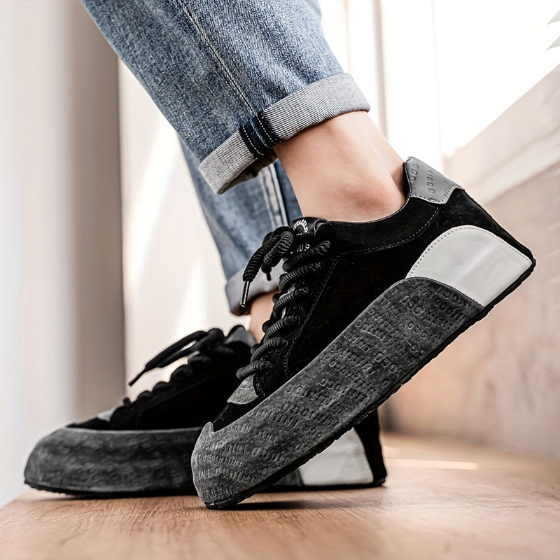 Men's Lightweight Breathable Casual Sneakers - Thick Cushioned Sole, Lace-Up Low-Top Design, Durable PU & PVC Construction for All-Season Outdoor, Gym, Running & Daily Wear - Black, Outdoor Walking Shoes, Chunky Sole, Comfort