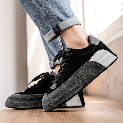 Men's Lightweight Breathable Casual Sneakers - Thick Cushioned Sole, Lace-Up Low-Top Design, Durable PU & PVC Construction for All-Season Outdoor, Gym, Running & Daily Wear - Black, Outdoor Walking Shoes, Chunky Sole, Comfort
