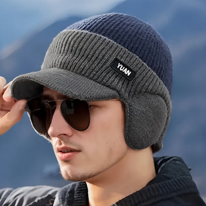 Men'S Winter Ear-Protecting Knitted Cap with Fleece, Warm Duckbill Hat for Outdoor Youth Cycling in a Color-Block Design.