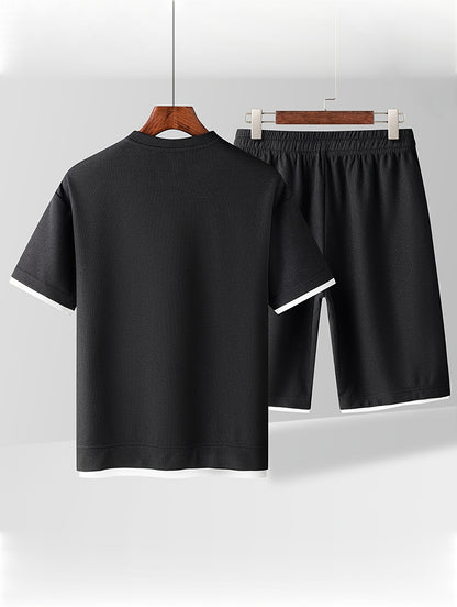 Waffle short-sleeved T-shirt Men's casual sports suit summer loose fake two-piece half-sleeve T-shirt set