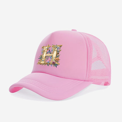 1-Pack Youngsters Trucker Hat with Golden Floral Letter A Design - Breathable Sun Protection, 100% Polyester, Adjustable Snap Closure, Pink for Spring/Summer Outdoor Play, Back to School, Thanksgiving, Teacher's Day (Ages 3-1