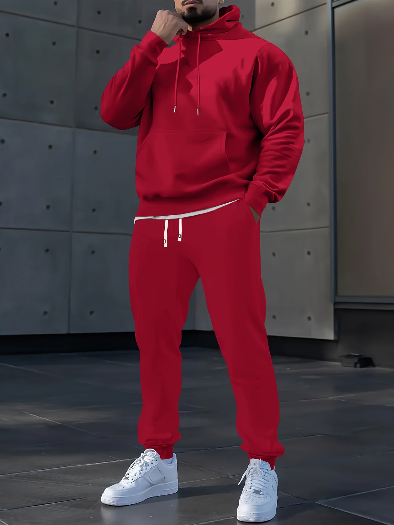 Men's Long Sleeve Hooded Sweatshirt + Threaded Sweatpants Set Spring and Autumn Solid Color Pullover Regular Long Sleeve T-shirt and Pants Belt Drawstring Casual Sports Trousers Two-piece Set