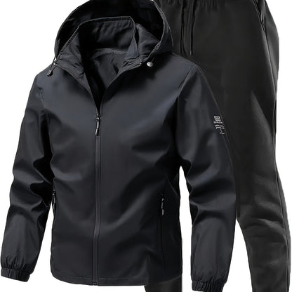 2pcs Men's Sporty Casual Jacket and Stretch Jogger Set, Spring/Autumn Fashion Hooded Jacket with Zipper Pockets, Windproof Outerwear and Black Stretch Joggers, Perfect for Outdoor Activities and Leisure Wear