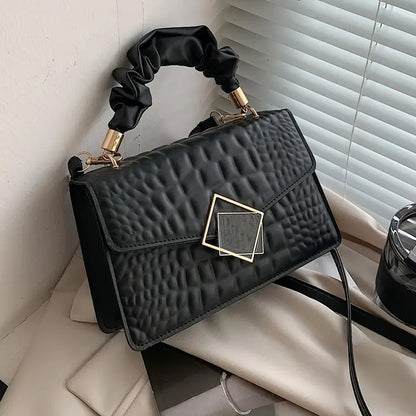 Fashion Embossed Crossbody Bag with Pleated Handle - Women'S Solid Color Stylish Shoulder Bag, Plain Crossbody Bag with Pleated Handle, Small Square Bag in Stone Pattern.