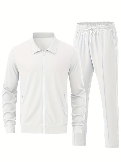 Men's Solid Waffle 2pcs Athletic Outfits, Zip-up Jacket & Pants co ord set for Outdoor Sports