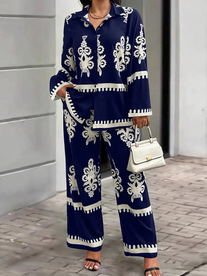 Women'S Elegant Geometric-Patterned Polyester Suit Set, Long Sleeve Top with Lapel Collar and Pants, Regular Sleeve, Woven Placket, Spring/Fall Casual Country Style Outfit