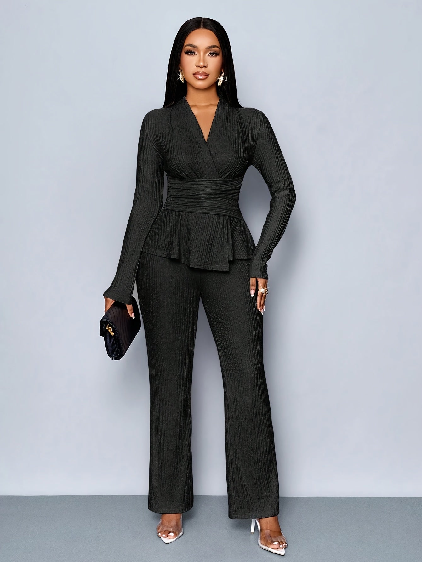 Women'S Elegant Beige Two-Piece Suit with V-Neck and Long Sleeves, Asymmetrical Hem, Wide Leg Pants, and Clutch - Perfect for Office or Casual Wear, Casual Attire|Elegant Two-Piece Set|Asymmetrical Hemline