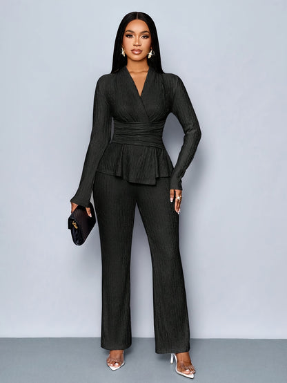 Women'S Elegant Beige Two-Piece Suit with V-Neck and Long Sleeves, Asymmetrical Hem, Wide Leg Pants, and Clutch - Perfect for Office or Casual Wear, Casual Attire|Elegant Two-Piece Set|Asymmetrical Hemline