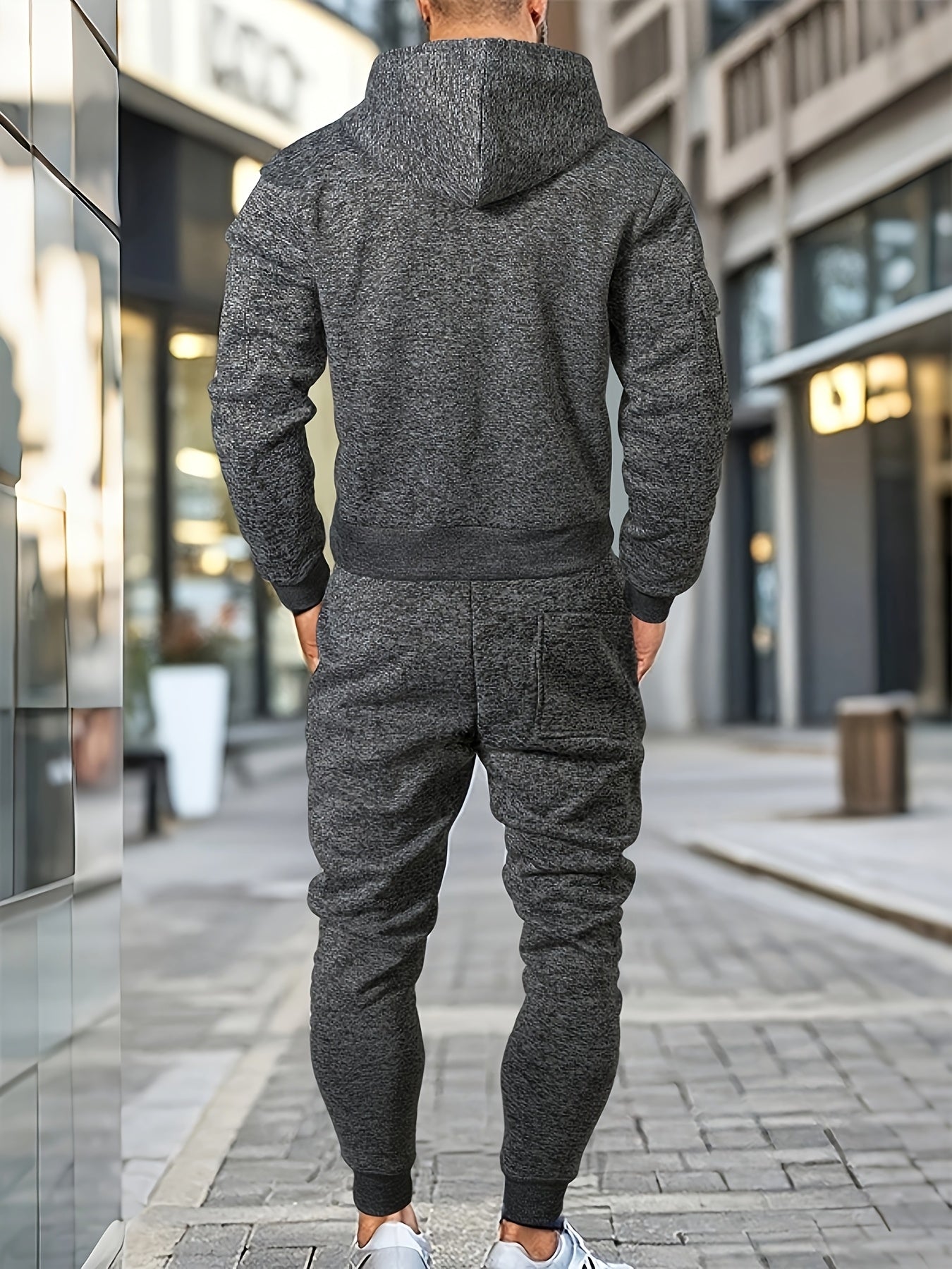 Men's Casual Sports Hoodie and Pants Set with Zipper, Drawstring, Fleece-Lined - Polyester Blend, Machine Washable