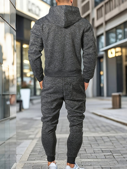 Men's Casual Sports Hoodie and Pants Set with Zipper, Drawstring, Fleece-Lined - Polyester Blend, Machine Washable