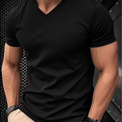 1pc Men's Light Blue Solid Color V-Neck Casual T-Shirt - Breathable Regular Fit Short Sleeve Tee for Spring Summer, Gym, Office & Casual Attire